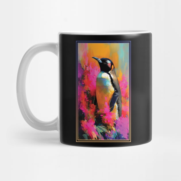 Penguin Vibrant Tropical Flower Tall Digital Oil Painting Portrait by ArtHouseFlunky